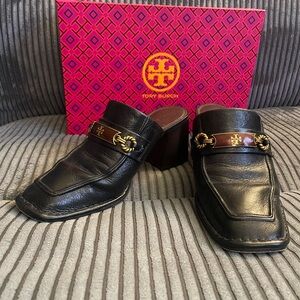 Tory Burch Black Leather Slip-On Mule Loafers with Gold Hardware